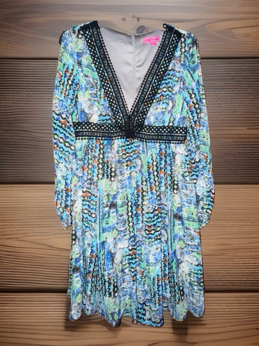 Betsey Johnson Blue & Green Aztec Print V-Neck Long Sleeve Boho Midi Dress-8-EC